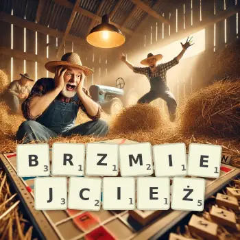 Kreatywna ilustracja do gry w Scrabble ze słowem BRZMIEJCIEŻ ułożonym z płytek na planszy.