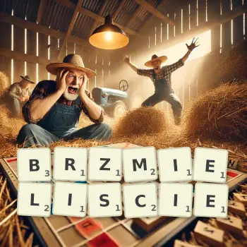 Kreatywna ilustracja do gry w Scrabble ze słowem BRZMIELISCIE ułożonym z płytek na planszy.