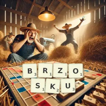 Kreatywna ilustracja do gry w Scrabble ze słowem BRZOSKU ułożonym z płytek na planszy.
