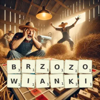 Kreatywna ilustracja do gry w Scrabble ze słowem BRZOZOWIANKI ułożonym z płytek na planszy.