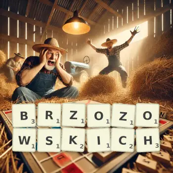 Kreatywna ilustracja do gry w Scrabble ze słowem BRZOZOWSKICH ułożonym z płytek na planszy.