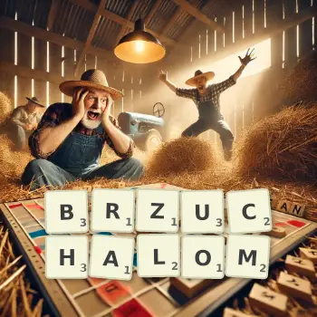 Kreatywna ilustracja do gry w Scrabble ze słowem BRZUCHALOM ułożonym z płytek na planszy.