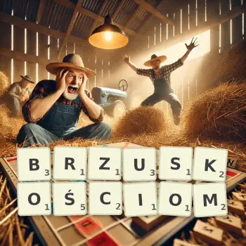Kreatywna ilustracja do gry w Scrabble ze słowem BRZUSKOŚCIOM ułożonym z płytek na planszy.