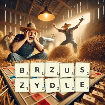 Kreatywna ilustracja do gry w Scrabble ze słowem BRZUSZYDLE ułożonym z płytek na planszy.