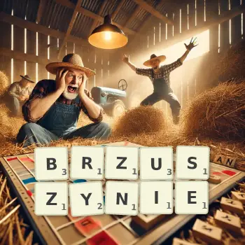 Kreatywna ilustracja do gry w Scrabble ze słowem BRZUSZYNIE ułożonym z płytek na planszy.