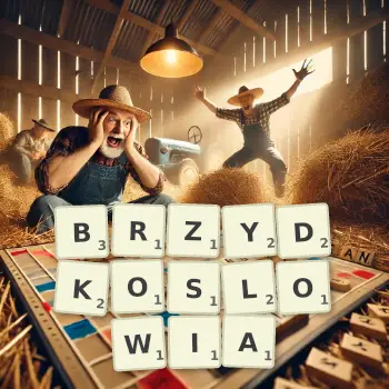 Kreatywna ilustracja do gry w Scrabble ze słowem BRZYDKOSLOWIA ułożonym z płytek na planszy.