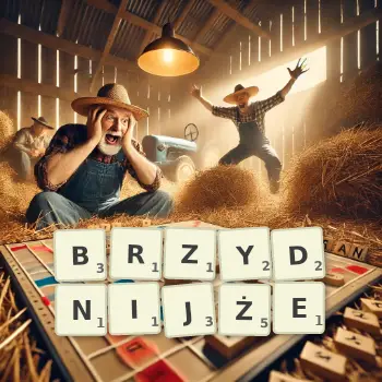 Kreatywna ilustracja do gry w Scrabble ze słowem BRZYDNIJŻE ułożonym z płytek na planszy.