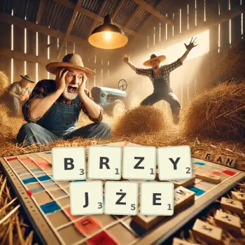 Kreatywna ilustracja do gry w Scrabble ze słowem BRZYJŻE ułożonym z płytek na planszy.