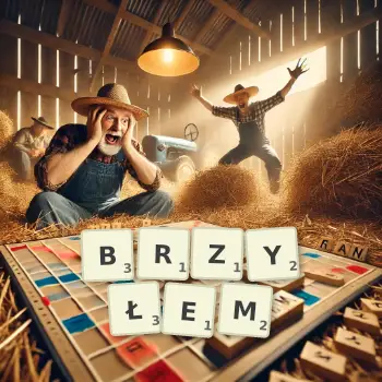 Kreatywna ilustracja do gry w Scrabble ze słowem BRZYŁEM ułożonym z płytek na planszy.