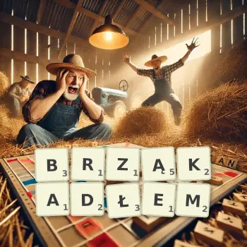 Kreatywna ilustracja do gry w Scrabble ze słowem BRZĄKADŁEM ułożonym z płytek na planszy.