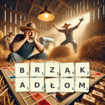 Kreatywna ilustracja do gry w Scrabble ze słowem BRZĄKADŁOM ułożonym z płytek na planszy.