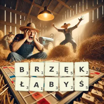 Kreatywna ilustracja do gry w Scrabble ze słowem BRZĘKŁABYŚ ułożonym z płytek na planszy.