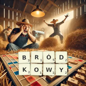 Kreatywna ilustracja do gry w Scrabble ze słowem BRÓDKOWY ułożonym z płytek na planszy.