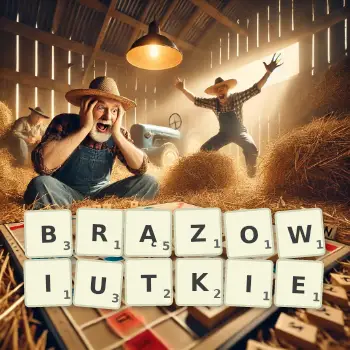 Kreatywna ilustracja do gry w Scrabble ze słowem BRĄZOWIUTKIE ułożonym z płytek na planszy.