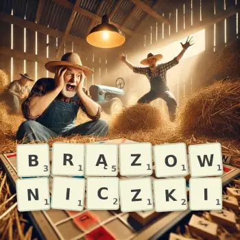 Kreatywna ilustracja do gry w Scrabble ze słowem BRĄZOWNICZKI ułożonym z płytek na planszy.