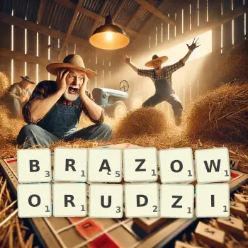 Kreatywna ilustracja do gry w Scrabble ze słowem BRĄZOWORUDZI ułożonym z płytek na planszy.