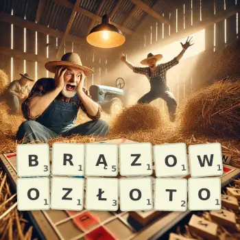 Kreatywna ilustracja do gry w Scrabble ze słowem BRĄZOWOZŁOTO ułożonym z płytek na planszy.