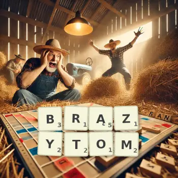Kreatywna ilustracja do gry w Scrabble ze słowem BRĄZYTOM ułożonym z płytek na planszy.