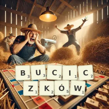 Kreatywna ilustracja do gry w Scrabble ze słowem BUCICZKÓW ułożonym z płytek na planszy.