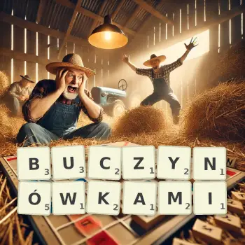 Kreatywna ilustracja do gry w Scrabble ze słowem BUCZYNÓWKAMI ułożonym z płytek na planszy.
