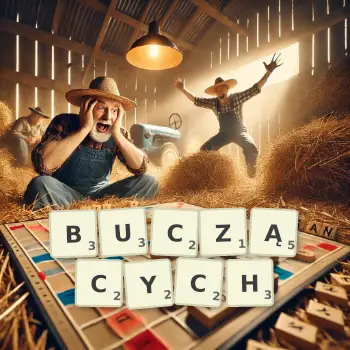 Kreatywna ilustracja do gry w Scrabble ze słowem BUCZĄCYCH ułożonym z płytek na planszy.