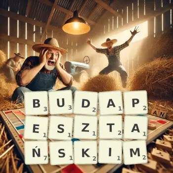 Kreatywna ilustracja do gry w Scrabble ze słowem BUDAPESZTAŃSKIM ułożonym z płytek na planszy.