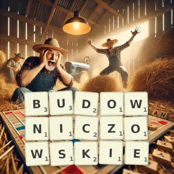 Kreatywna ilustracja do gry w Scrabble ze słowem BUDOWNICZOWSKIE ułożonym z płytek na planszy.