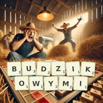 Kreatywna ilustracja do gry w Scrabble ze słowem BUDZIKOWYMI ułożonym z płytek na planszy.