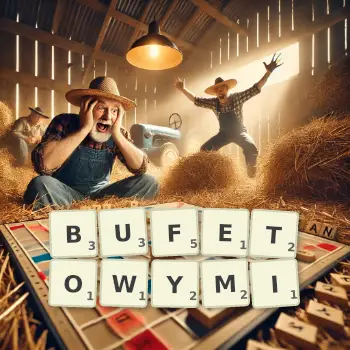 Kreatywna ilustracja do gry w Scrabble ze słowem BUFETOWYMI ułożonym z płytek na planszy.