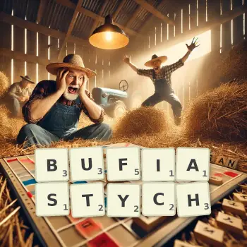 Kreatywna ilustracja do gry w Scrabble ze słowem BUFIASTYCH ułożonym z płytek na planszy.
