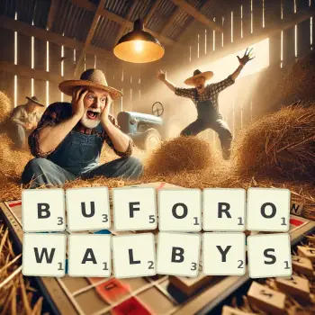 Kreatywna ilustracja do gry w Scrabble ze słowem BUFOROWALBYS ułożonym z płytek na planszy.