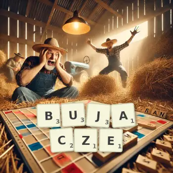 Kreatywna ilustracja do gry w Scrabble ze słowem BUJACZE ułożonym z płytek na planszy.
