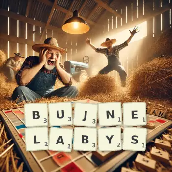 Kreatywna ilustracja do gry w Scrabble ze słowem BUJNELABYS ułożonym z płytek na planszy.