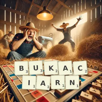 Kreatywna ilustracja do gry w Scrabble ze słowem BUKACIARN ułożonym z płytek na planszy.