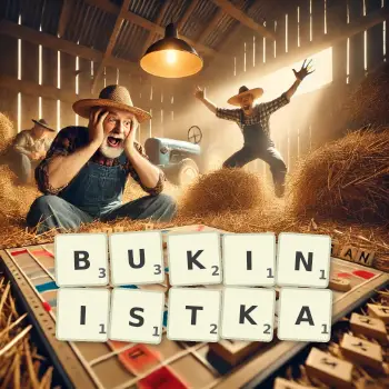 Kreatywna ilustracja do gry w Scrabble ze słowem BUKINISTKA ułożonym z płytek na planszy.