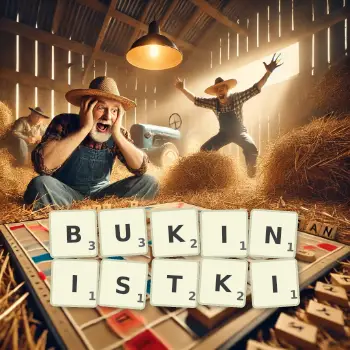 Kreatywna ilustracja do gry w Scrabble ze słowem BUKINISTKI ułożonym z płytek na planszy.