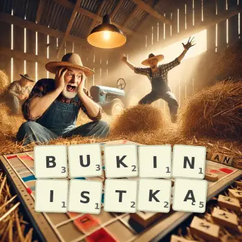 Kreatywna ilustracja do gry w Scrabble ze słowem BUKINISTKĄ ułożonym z płytek na planszy.