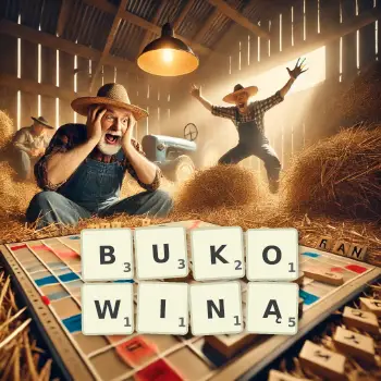 Kreatywna ilustracja do gry w Scrabble ze słowem BUKOWINĄ ułożonym z płytek na planszy.