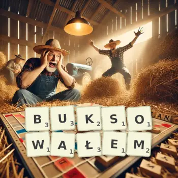 Kreatywna ilustracja do gry w Scrabble ze słowem BUKSOWAŁEM ułożonym z płytek na planszy.