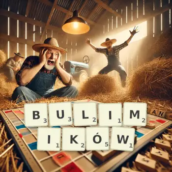 Kreatywna ilustracja do gry w Scrabble ze słowem BULIMIKÓW ułożonym z płytek na planszy.