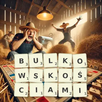 Kreatywna ilustracja do gry w Scrabble ze słowem BULKOWSKOŚCIAMI ułożonym z płytek na planszy.