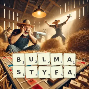 Kreatywna ilustracja do gry w Scrabble ze słowem BULMASTYFA ułożonym z płytek na planszy.