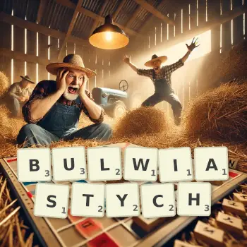 Kreatywna ilustracja do gry w Scrabble ze słowem BULWIASTYCH ułożonym z płytek na planszy.