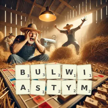Kreatywna ilustracja do gry w Scrabble ze słowem BULWIASTYM ułożonym z płytek na planszy.
