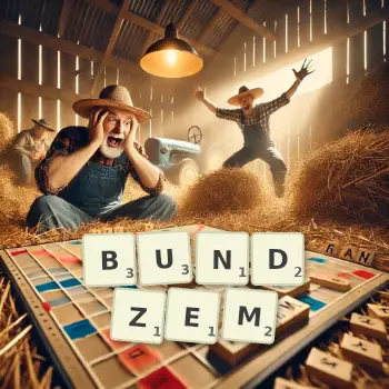 Kreatywna ilustracja do gry w Scrabble ze słowem BUNDZEM ułożonym z płytek na planszy.