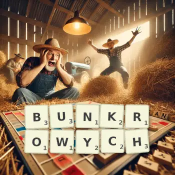 Kreatywna ilustracja do gry w Scrabble ze słowem BUNKROWYCH ułożonym z płytek na planszy.