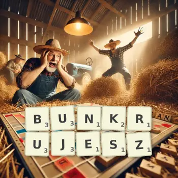 Kreatywna ilustracja do gry w Scrabble ze słowem BUNKRUJESZ ułożonym z płytek na planszy.