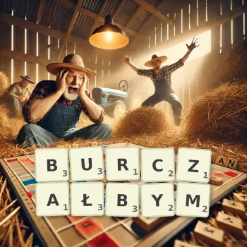Kreatywna ilustracja do gry w Scrabble ze słowem BURCZAŁBYM ułożonym z płytek na planszy.