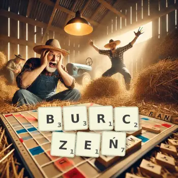 Kreatywna ilustracja do gry w Scrabble ze słowem BURCZEŃ ułożonym z płytek na planszy.