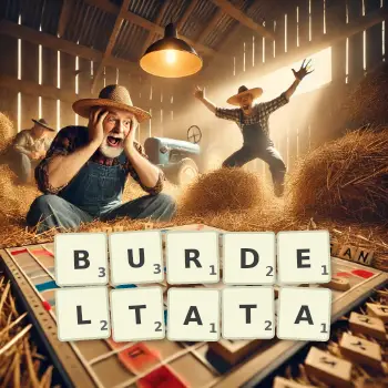 Kreatywna ilustracja do gry w Scrabble ze słowem BURDELTATA ułożonym z płytek na planszy.